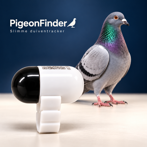 PigeonFinder slimme duiventracker, vergroot weergegeven met een reisduif op de achtergrond.